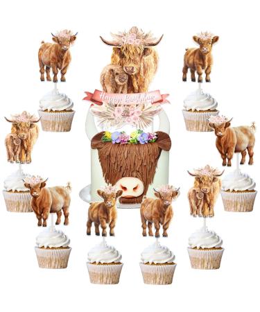 Highland Cow Birthday Party Decorations Girl 25pcs Highland Cow Cake Toppers Highland Cattle Birthday Cake Decorations for Boho Retro Floral Highland Cow Holy Cow Farm Animal Birthday Decorations
