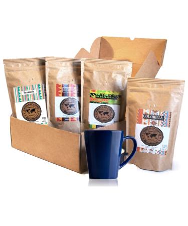 Coffee Pack 4 x 250g Beans - Selection of the best coffees in the world Arabicas + Brazil Colombia Ethiopia and Uganda + Gift Box + Vintage Mug - Maximum quality approved by the SCA