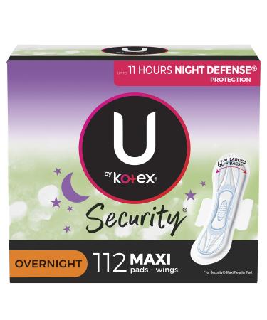 U by Kotex Security Maxi Feminine Pads with Wings, Overnight Absorbency, Unscented, 112 Count (4 Packs of 28) (Packaging May Vary) Winged (112 Count)