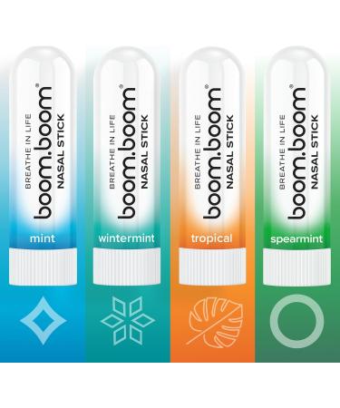 BoomBoom Nasal Stick | Vapor Flow Technology | Cool Refreshing Sensation | Natural Mood Boost | Simple Ingredients | Essential Oils + Menthol Inhaler (Mint Wintermint Tropical Spearmint) 4 Pack Variety - Buy Online on GoSupps.com