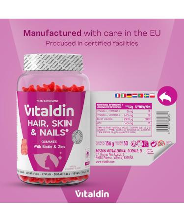 VITALDIN Gummies Cheveux Peau & Ongles 2500 g de Biotine Soin des Cheveux Avec Zinc et Vitamines C & E V ganes Sans Sucre Sans Gluten 60 Gummies 1 Mois Saveur Fraise - Buy Online on GoSupps.com