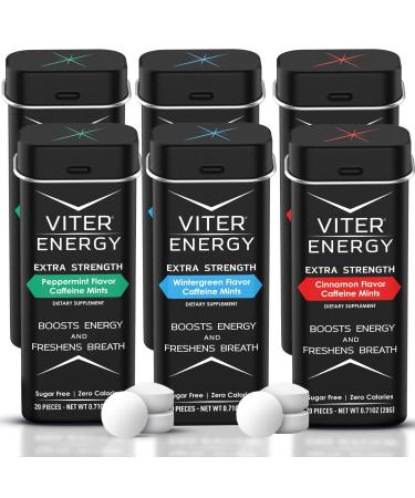 Viter Energy Extra Strength Caffeinated Mints - 80mg Caffeine, B Vitamins, Sugar Free Vegan Breath Mint. Powerful Energizing Boost. 1 Mint Replaces 1 Coffee, Gum, Chews Gummies (Variety Flavor 6 Pack)