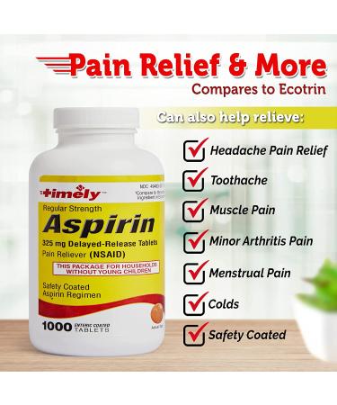 Timely by Time Cap Labs Aspirin 325mg Enteric Coated Tablets - 1000 Count - Made in USA - Pain Reliever for Minor Aches - Comparable to Ecotrin - Buy Online on GoSupps.com
