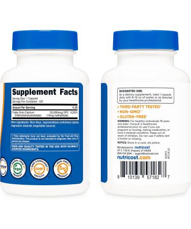 Nutricost L-Methylfolate 15mg 120 Capsules (5-MTHF) - Vegan Non-GMO Gluten Free 120 Count (Pack of 1) - Buy Online on GoSupps.com