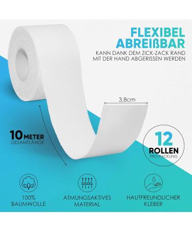 Health Press Sporttape - 12 Rolls of Tearable White Sports Tape (3.8cm x 10m) - Professional Grade for All Sports - Optimal Performance & Support - Buy Online on GoSupps.com