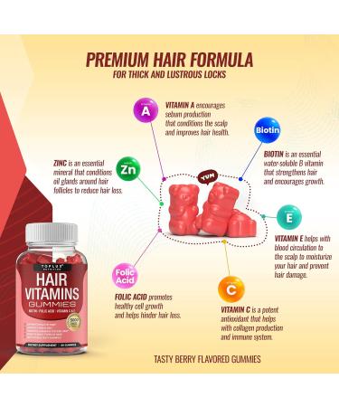 Hair Vitamins Gummies Supplement Faster Hair Growth Gummy 5000mcg Biotin Folic Acid Vitamin C & E Support Stronger & Thicker Hair Skin Nails Non-GMO for Men Women 60 Berry Flavored Gummies Two - Buy Online on GoSupps.com