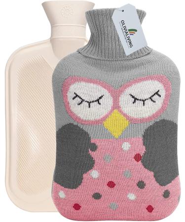OliviaLiving Hot Water Bag Hot Water Bottle 2 Liter Heat Up and Refreezable Hot Cold Pack with Knit Cover for Pain Relief Hot Cold Therapy Cartoon Owl (Pink)