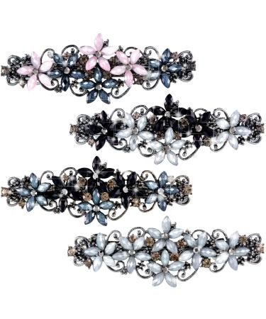 4 Pieces Rhinestones Hair Barrettes for Women Crystal French Hair Accessories Spring Vintage Flower Hair Clips Wedding Barrette Retro Elegant Hair Jewelry for Women Girls Hair Styling Tools