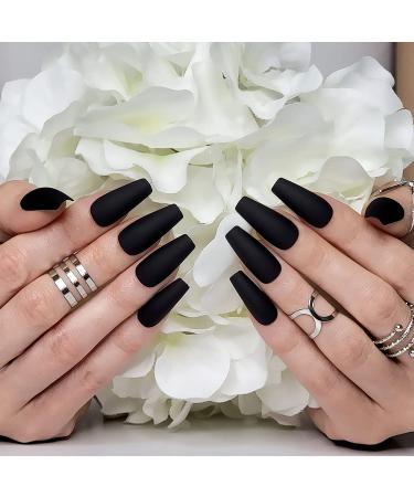 Hypnaughty 24 Pcs Noir Black Matte Coffin Press on Nails with Glue - Medium Long Solid Black Color False Nails - Buy Online on GoSupps.com