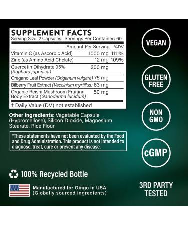 Oingo Daily Immunity Capsules Quercetin Reishi Mushroom Zinc Oregano Oil and Vitamin C 120 Veggie Capsules - Buy Online on GoSupps.com