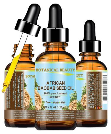 Botanical Beauty African BAOBAB SEED OIL 100% Pure Natural Refined Cold-Pressed Carrier Oil 4 Fl oz 120 ml For Face Skin Body Hair Lip Nails Rich in Vitamin C