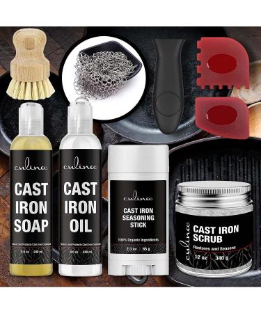 Culina Cast Iron Soap Stick & Conditioning Oil Set | Stainless Scrubber & Scrub Brush | Restoring, All-Natural Ingredients | for Cast Iron Cookware - Buy Online on GoSupps.com