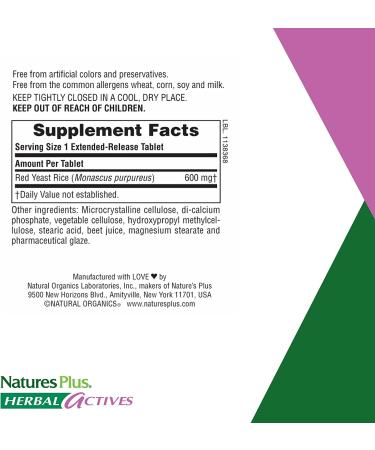 NaturesPlus Red Yeast Rice 600mg Extended Release Vegan Tablets - Cholesterol Support Supplement - Vegetarian & Gluten-Free - 60 Servings - Buy Online on GoSupps.com