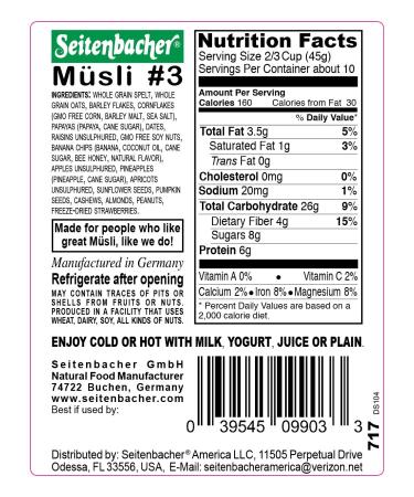 Seitenbacher Muesli Cereal #3 Fruit Mix 16oz (Pack of 6) - Energizing Breakfast for Active People - Buy Online on GoSupps.com