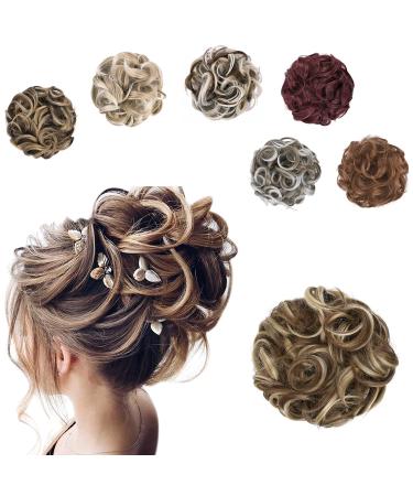 GIRLSHOW Messy Curly Big Hair Scrunchies Hairpieces 2.82 ounce Hair Bun Extensions Synthetic Donut Updo Hair Pieces for Women Girls (Ash Blonde & Medium Golden Brown Mixed -60)