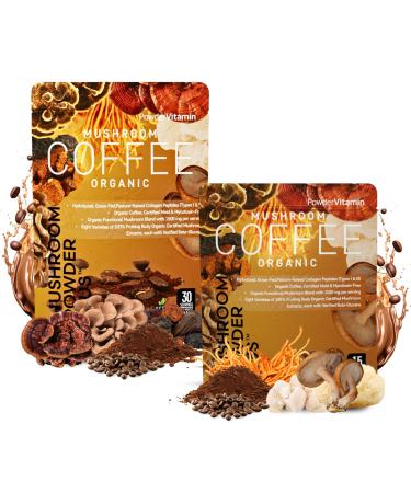 PowderVitamin Mushroom Coffee Duo 8 Fruiting Body Mushrooms & Certified Mold & Mycotoxin Free Focus Energy & Immunity Support Joint Skin and Digestive Health (15+30 Servings Bundle)