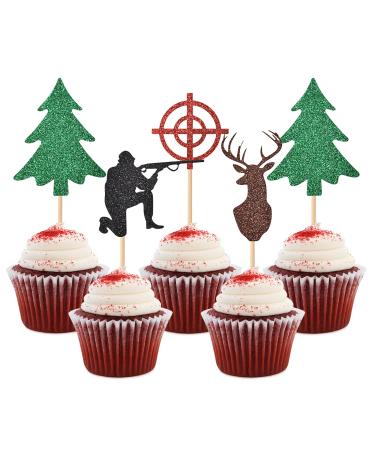 HOKPA Hunting Cupcake Toppers 24Pcs Glitter Deer Tree Target Hunter Cupcake Picks for Forest Hunting Theme Party Cake Decoration