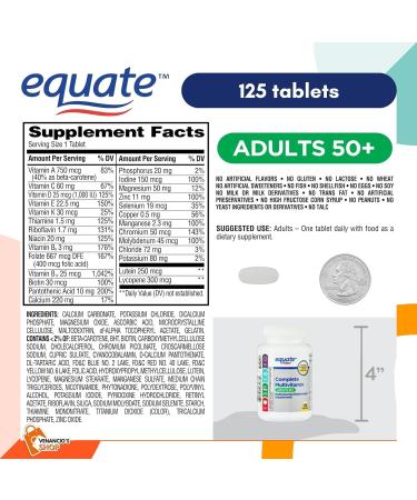 Equate Adult 50+ One Daily Complete Multivitamin with Venancio sFridge Sticker (125 Pills) - Boost Brain Health | Compare to Centrum Silver - Buy Online on GoSupps.com