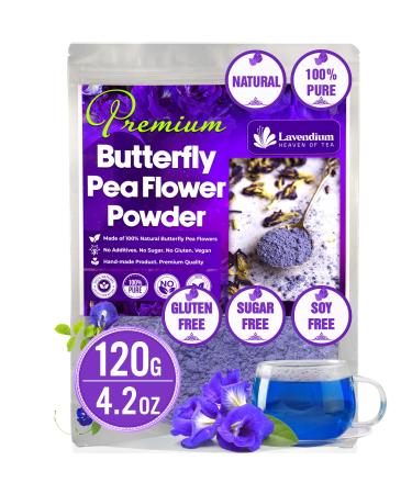 Lavendium Premium 120g (4.23oz) Blue Butterfly Pea Flower Powder 100% Natural and Pure Natural Food Coloring Butterly Pea Flowers Tea No Additives No Gluten No Sugar Vegan CA Butterfly Pea Flowers 120Gr