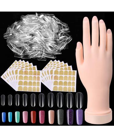 Practice Hand Nail Design Training Hand Flexible Fake Hand with 500 Pieces Fake Nails Acrylic False Fingernails and 25 Sheets Double Sided Adhesive Tabs for Manicure Practice Tool (Transparent Nails)