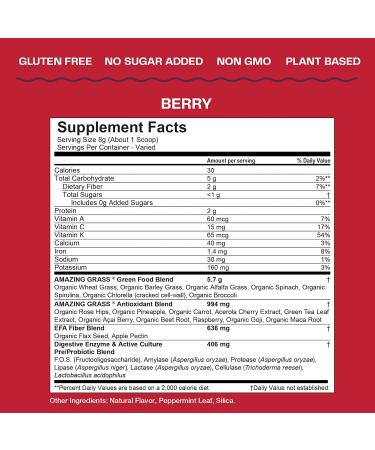 Amazing Grass Greens Blend Superfood Powder with Spirulina & Probiotics - 60 Servings Berry Flavor - Buy Online on GoSupps.com