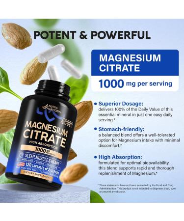 Magnesium Citrate Capsules 1000mg | High Absorption Supplement - Sleep Muscle & Heart Support - Vegan | Non-GMO - Made in USA - As Powder | Pills | Tablets - 120 Capsules 2 Month Supply 120 Count (Pack of 1) - Buy Online on GoSupps.com