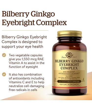 Solgar Bilberry Ginkgo Eyebright Complex 60 Capsules - Eye Health Antioxidant Support with Vitamins A, C & E - Vegan, Gluten Free, Dairy Free, Kosher - Buy Online on GoSupps.com
