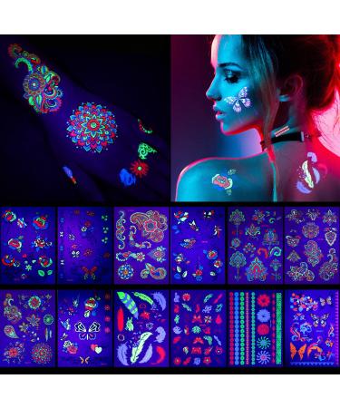 12 Sheets Glow In The Dark Tattoo Neon Temporary Makeup, Rave Festival Accessory, Fake Face Butterfly Tattoo UV Blacklight For Women Party Supplies(Stylish Style) - Buy Online on GoSupps.com