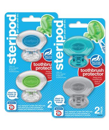 Steripod Clip-On Toothbrush Protector Clear Blue/Clear Green/Blue/Silver 4 Teal Silver Blue Clear Green Clear 2 Count (Pack Of 2)