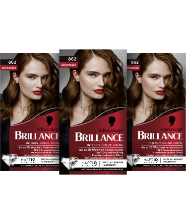 Brillance Brillance Intense Colour Cream 862 Natural Brown Level 3 (3 x 160 ml) Permanent Colour with Diamond Shine Effect and Care Conditioner for 10 Weeks of Colour Intensity