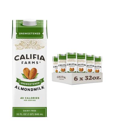 Califia Farms - Unsweetened Almond Milk, 32 Oz (Pack of 6), Dairy Free, Vegan, Plant Based, Keto, Shelf Stable, Vegan, Gluten Free, Non GMO, Sugar Free, High Calcium, Smoothie