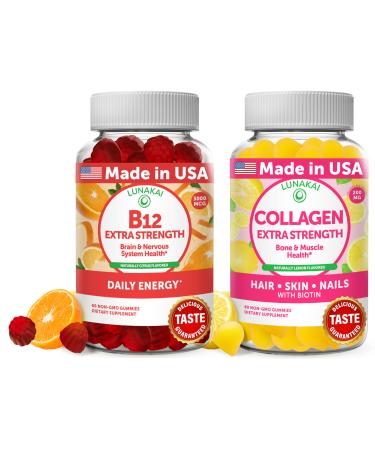 Lunakai Vitamin B12 and Collagen Gummies Bundle - 3000 mcg Methylcobalamin High Absorption Energy Gummies - Non-GMO Anti Aging Supplements for Men & Women - 30 Days Supply Bundled with Collagen