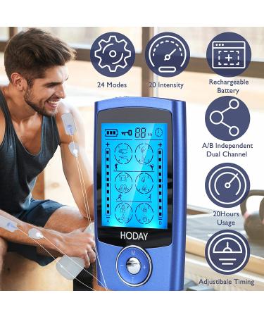 Dual Channel TENS EMS Unit Muscle Stimulator - 24 Modes Pain Relief Therapy | Rechargeable Pulse Massager with 12 Pads - Buy Online on GoSupps.com