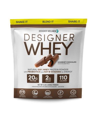 Designer Wellness, Designer Whey, Natural Protein Powder with Probiotics, Fiber, and Key B-Vitamins for Energy, Gluten-free, Non-GMO, Gourmet Chocolate 4 lb Chocolate 4 Pound (Pack of 1)