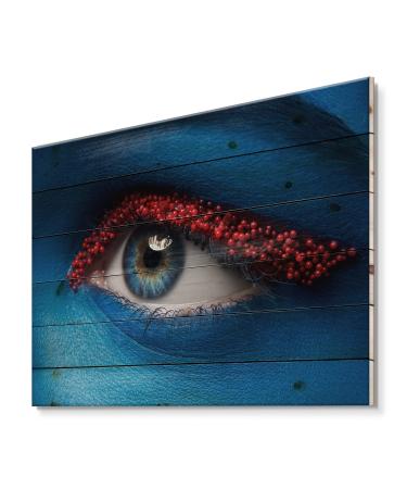 DesignQ Female Eye With Blue Paint On Face & Red Balls Modern & Contemporary Wood Wall Decor Red Wood Wall Art Large People Wood Wall Panels Printed On Natural Pine Wood Art