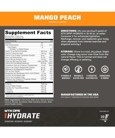 MTN OPS Hydrate Electrolytes Powder Drink Mix 20 Single Serving On-The-Go Electrolyte Packs with Over 1000mg of Electrolytes per Serving Mango Peach - Buy Online on GoSupps.com