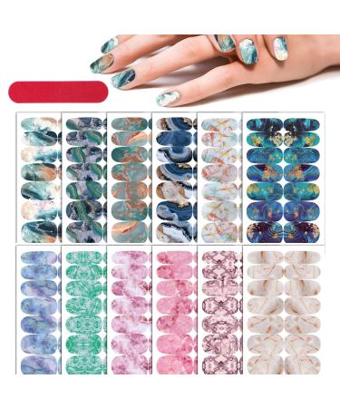12 Sheets Gradient Marble Nail Polish Strips Stickers Self Adhesive Starry Full Nail Wraps Stickers Gel Nail Art Decal Strips with Nail File for Women Girls Manicure Decoration