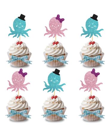 Ambishi 24pcs Sea Animals Sign Cupcake Toppers Cute Octopus Cupcake Picks for Baby Shower Decoration Boy or Girl Gender Reveal Party Decoration Cake Topper Kids Birthday Party Favors Cupcake Decor