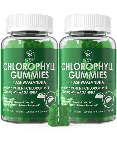 Chlorophyll Gummies, High Potency 200mg, with Organic Ashwagandha & Vitamin D - Natural Energy Booster, Immune & Digestion System Support, Internal Deodorant, Anti-Inflammatory, Skin Care, 2Pc/120ct
