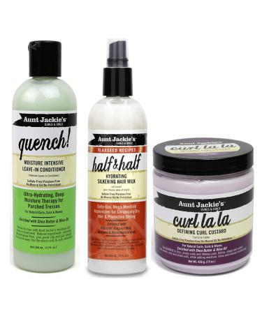 Aunt Jackies Curls & Coils - Lot de 3 soins capillaires - apr s-shampoing sans rin age hydratant Quench 355 ml/gel pour boucles Curl La La 426 g/lait hydratant effet brillant Half n Half 355 ml 355 ml (Lot de 3)