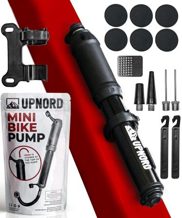 UpNord Portable Mini Bike Pump - Compatible with Presta & Schrader Valves - High Pressure PSI - Road, Mountain Bicycle Tire Air Pump - Compact & Fast Use - Includes Bike Frame Mount & Tire Repair Kit