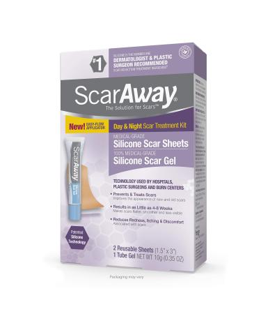 ScarAway Advanced Skincare Silicone Scar Sheets and Silicone Scar Gel Complete Scar Treatment Kit for Body scar Surgical Scar Burn Scar Acne Scar and Keloid Scar 2 Reusable Sheets & 1 Tube Gel