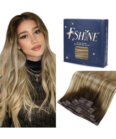 FSHINE BALAYAGE CLIP in Extensions Real hair 45cm 120g real hair 7 pieces ombre Dark brown to light brown with middle blonde full of head extensions real hair clip remy smooth human hair #3/8/22 3.4 clip #3/8/22 45cm