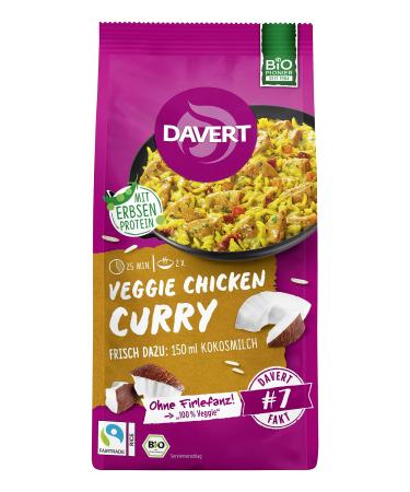 Davert veggie chicken curry with fairtrade rice 120g spicy curry with fairtrade rice and chunks from peas and arable beans 100% Davert organic quality (1 x 120g) 1 x 120 gr