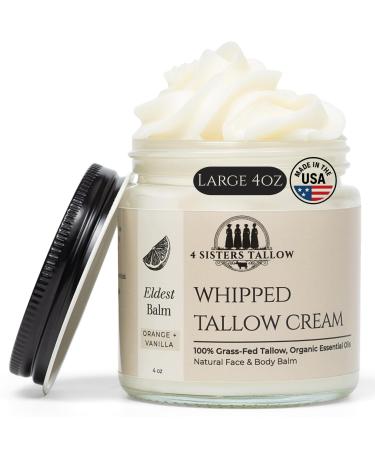 100% Grass Fed Beef Tallow For Face & Skin - All Natural Tallow Face Cream - Whipped Moisturizer Lotion - Made in USA - 100% Organic Oils - Lrg 4 Fl Oz - Eldest Balm (Orange Vanilla & Frankincense) Orange Vanilla & Franki