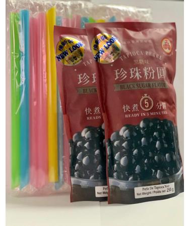 BOBA Black Tapioca Pearl Bubble Tea, 2 Pack (Each 8.8 OZ) + 1 Pack of 50 BOBA Straws (Variety Color)