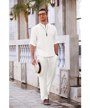 COOFANDY Men's Cotton Linen 2-Piece Set: Long Sleeve Henley Shirt + Casual Beach Pants - White, Large - Buy Online on GoSupps.com