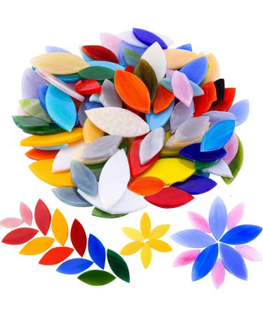 Mornajina 100 Pieces Petal Mosaic Tiles  Mixed Color Mosaic Glass Pieces  Hand-Cut Stained Glass Flower Leaves Tiles for Crafts Colorful Stained Glass Pieces Mosaic Projects 100pcs