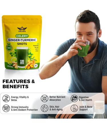 Daily Green & Ginger Turmeric Shots 100 Servings Superfood Blend with Wheatgrass Matcha Beetroot Ashwagandha Celery Inulin Lemon Pineapple Vitamin C D3 & Zinc | Vegan Wellness Drink Powde - Buy Online on GoSupps.com