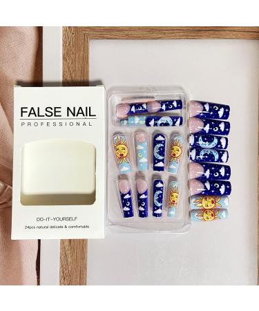 Shop Blue French Tip Press on Nails - Extra Long Coffin Ballerina Design | 24pcs Full Cover Artificial Nails with Sun Moon Clouds - Perfect for Women - Buy Online on GoSupps.com